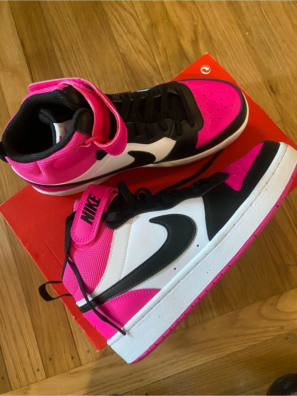 NEW Nike Court Borough Mid 2 BG White Black Firece Pink Kids Youth